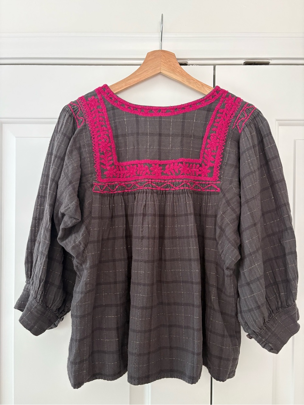 Sister Mary Embroidered Boho Blouse - Gray Plaid Metallic Thread, Medium - Picture 3 of 5